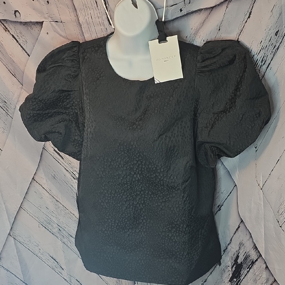 Pomander Place Textured Black Jaquard Layla Puff Sleeve Blouse In Medium - Picture 3 of 10